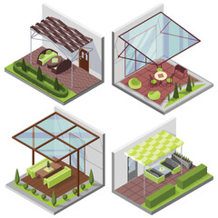 Set of inner courtyard isometric compositions with patio. House with private terrace with covering from above. Covered veranda for table place. Modern architecture - obrazy, fototapety, plakaty