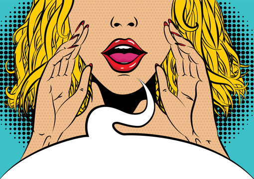 Comic book girl. Pop art female face with blonde hair and open mouth. Young woman with speech bubble. Vector bright illustration in pop art retro style. Party invitation poster