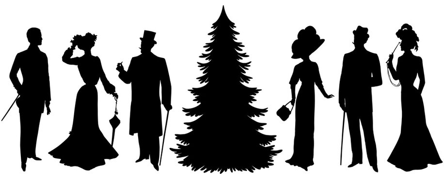 PNG Christmas tree man woman silhouette Retro fashion people isolated png