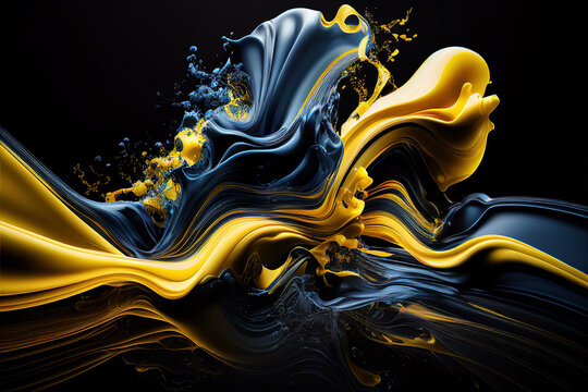 Blue and yellow oil colors blending on a dark background, abstract concept for a mobile phone or desktop wallpaper. Digital 3D illustration.