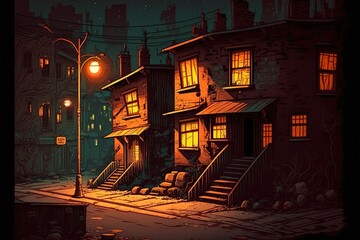 Ghetto Street At Night, Slum Houses, Old Buildings With Glow Windows And Graffiti On Walls. Dilapidated Dwellings Stand On Roadside With Lamps, Fire Hydrants, Litter Bins Cartoon 2D Illustrated - obrazy, fototapety, plakaty