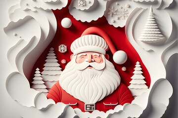 3d render festive Christmas concept Santa Claus with white paper cut elements background