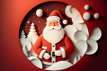 3d render festive Christmas concept Santa Claus with white paper cut elements background