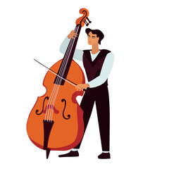 A young man plays the double bass. Double bass player, musician on a white background.
