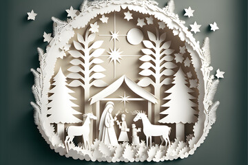 3d render festive Christmas concept manger with white paper cut elements background