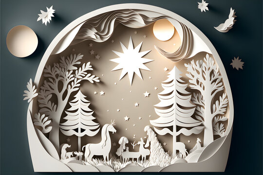 3d render festive Christmas concept manger with white paper cut elements background