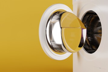 Washing machine on a yellow pastel background. Concept of doing laundry, using a washing machine for laundry. 3D render, 3D illustration.