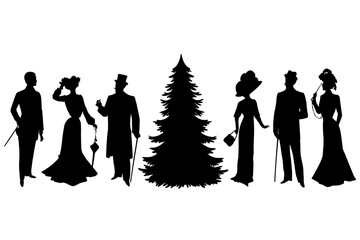 SVG Christmas tree vintage man woman silhouette. Retro fashion people