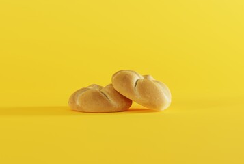 Buns on a light background. The concept of eating and baking bread. Two buns stacked side by side. 3D render; 3D illustration.