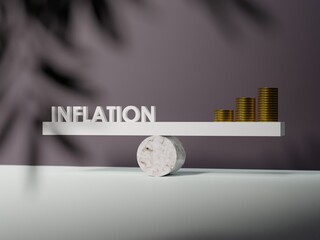 Ramp with the inscription INFLATION on one side and coins on the other side. The concept of inflation, problems with rising costs, less products for the same money. 3D render; 3D illustration.