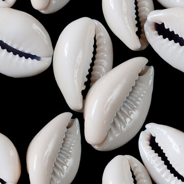Seamless pattern with cowrie shells on black background