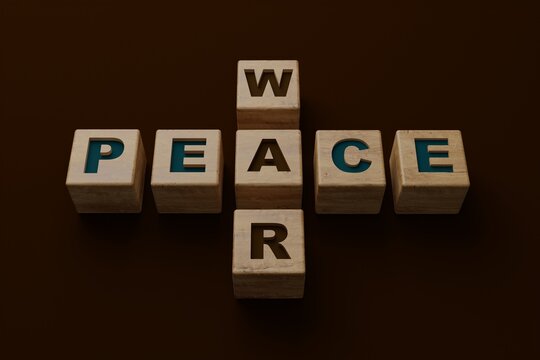 The inscription WAR and PEACE on wooden blocks. The concept of peace before the war, trying to bring about a truce, no war. 3D render, 3D illustration.
