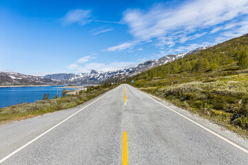 Mountain pass road Strandavatnet through the highlands of Norway