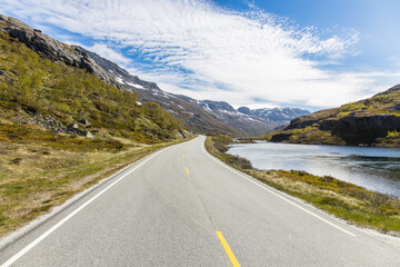 Mountain pass road Strandavatnet through the highlands of Norway