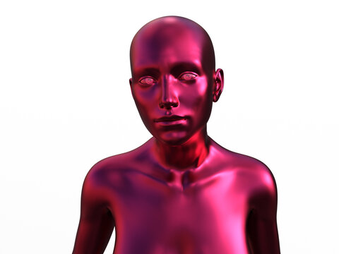 3D render portrait of a crimson bald woman on a white background.