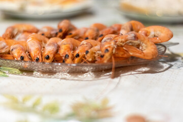 Top view of raw shrimp dish on the table, High angle of raw shrimp on a plate on the table. Raw shrimp concept on the table