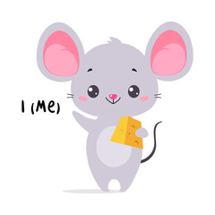 Little Grey Mouse with Cheese Waving Paw as Me English Subject Pronoun for Educational Activity Vector Illustration
