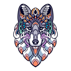 Colorful Wolf head mandala arts isolated on white background