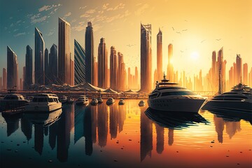 Morning Panorama Of Dubai Marina At Sunrise With Boats In The Sea