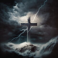 White cross in the stormy sky. Calm the storm. Christian bible concept.