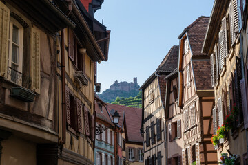 Fototapeta na wymiar houses of a village in Alsace with a castle in the background and some green mountains.