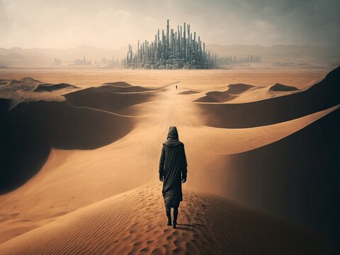 Persom walking through the desert towards futuristic skyscraper city