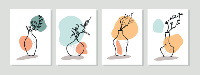 Vector botanical wall art set line drawing of leaves and flowers with abstract shapes. It is an abstract art design, cover, print, wallpaper, simple and natural wall art.