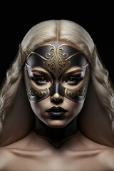 Beautiful blonde in black venetian mask. Isolated on black. Generative AI.
