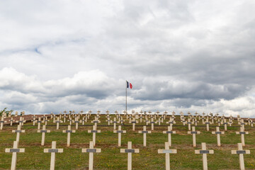World War Cemetery in France, with white tombstones honoring those killed in the World War