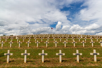 World War Cemetery in France, with white tombstones honoring those killed in the World War
