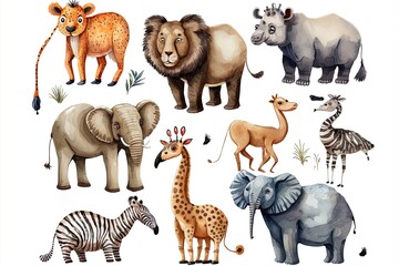 Water Color Cartoon Animal Cartoon Style For Stickers And Emoji Avatars Of Tropical And Forest Characters Isolated On White Background. Cute Animals Raccon, Elephant, Lion, Bear, Zebra, Giraffe