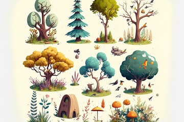 Isolated Trees And Nature Objects Cartoon Style
