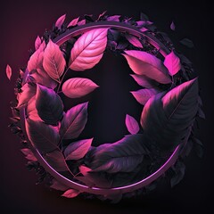Pink and black neon circle with leaves. Abstract background.