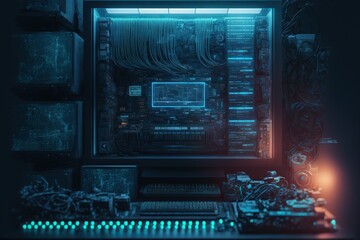 Computer circuit board background. Dark blue wallpaper.
