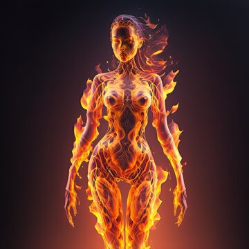 Woman on fire. Beautiful female goddess burning with flames.
