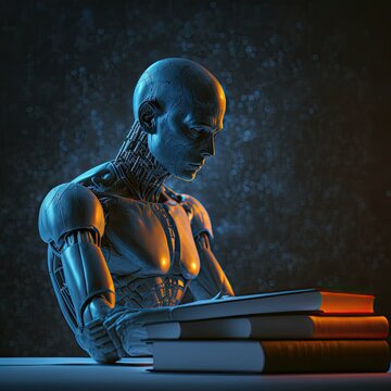 Android robot sits at the table. Turing test concept