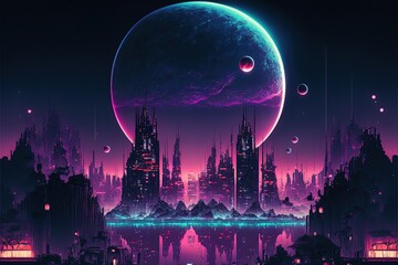 City Of Future At Night With Vibrant Neon Lights And Shining Spheres.