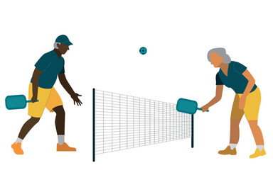 an elderly couple playing pickleball. Active old age. People of color go in for sports. Elderly people go in for sports. Pickleball. Activity. Vector flat illustration