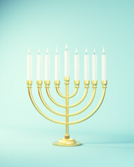 Hanukkah Gold Menorah Festival Of Lights Nine White Candles White Flame Home Temple Israel Hebrew Religion Symbol Jerusalem Background 2022 3d illustration render	