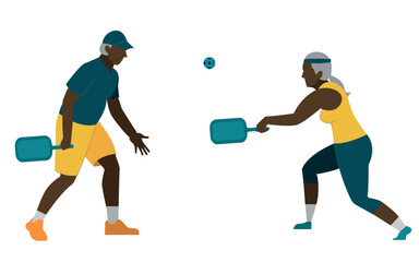 Fototapeta na wymiar an elderly couple playing pickleball. Active old age. People of color go in for sports. Elderly people go in for sports. Pickleball. Activity. Vector flat illustration