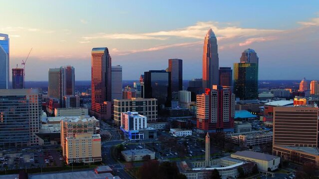 Aerial Forward Shot Of Modern And Residential Buildings In City During Sunset - Charlotte, North Carolina