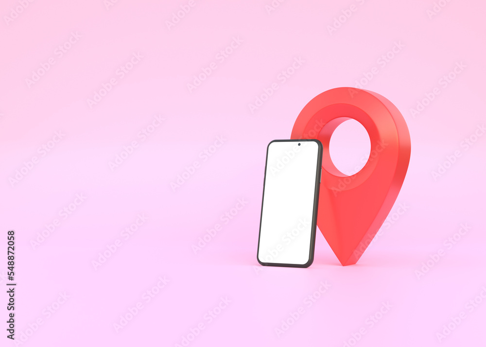 Poster pin pointer gps with smartphone white screen on pink background. location concept. minimal cartoon s