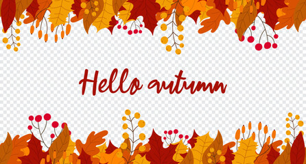 Hello autumn lettering postcard. Background with leaves and berries in the fall. Hello autumn seamless banner with orange and red leaves. Vector illustration