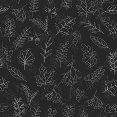Fototapeta premium Vector hand drawn pattern with autumn elements on the dark gray background. Chalkboard imitation. Vector illustration