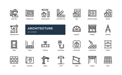architecture building house construction real estate property residential detailed outline icon set. simple vector illustration