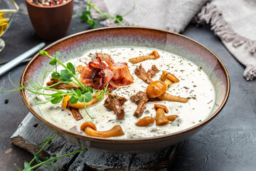 wild mushroom soup, homemade cream of mushroom. banner, menu, recipe place for text, top view