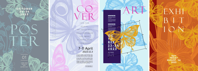 Butterflies. Flowers and nature. Set of vector illustrations. Typography. Vintage pencil sketch. Engraving style. Labels, cover, t-shirt print, painting.