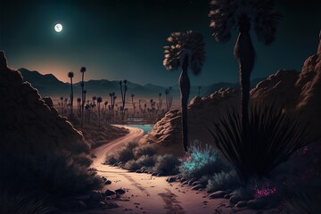 Desert Oasis With Long Road Landscape At Night Scene