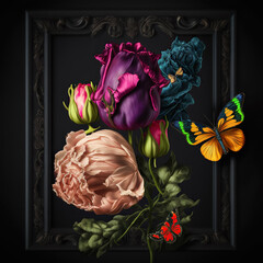 Floral card. Art deco flowers. Vintage flowers, butterflies with frame. Peonies, roses tulips, lily, hydrangea on black. Floral background. Baroque style floristic illustration