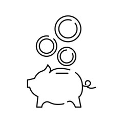 Obraz premium Piggy bank with falling coins. Vector flat line icon. Saving money logo symbol. Cashback service, financial payment label